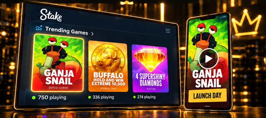 Illustrative Stake trending-games campaign with Ganja Snail showing 750 playing and a launch-day social creative. The player count is a concept, not live data.