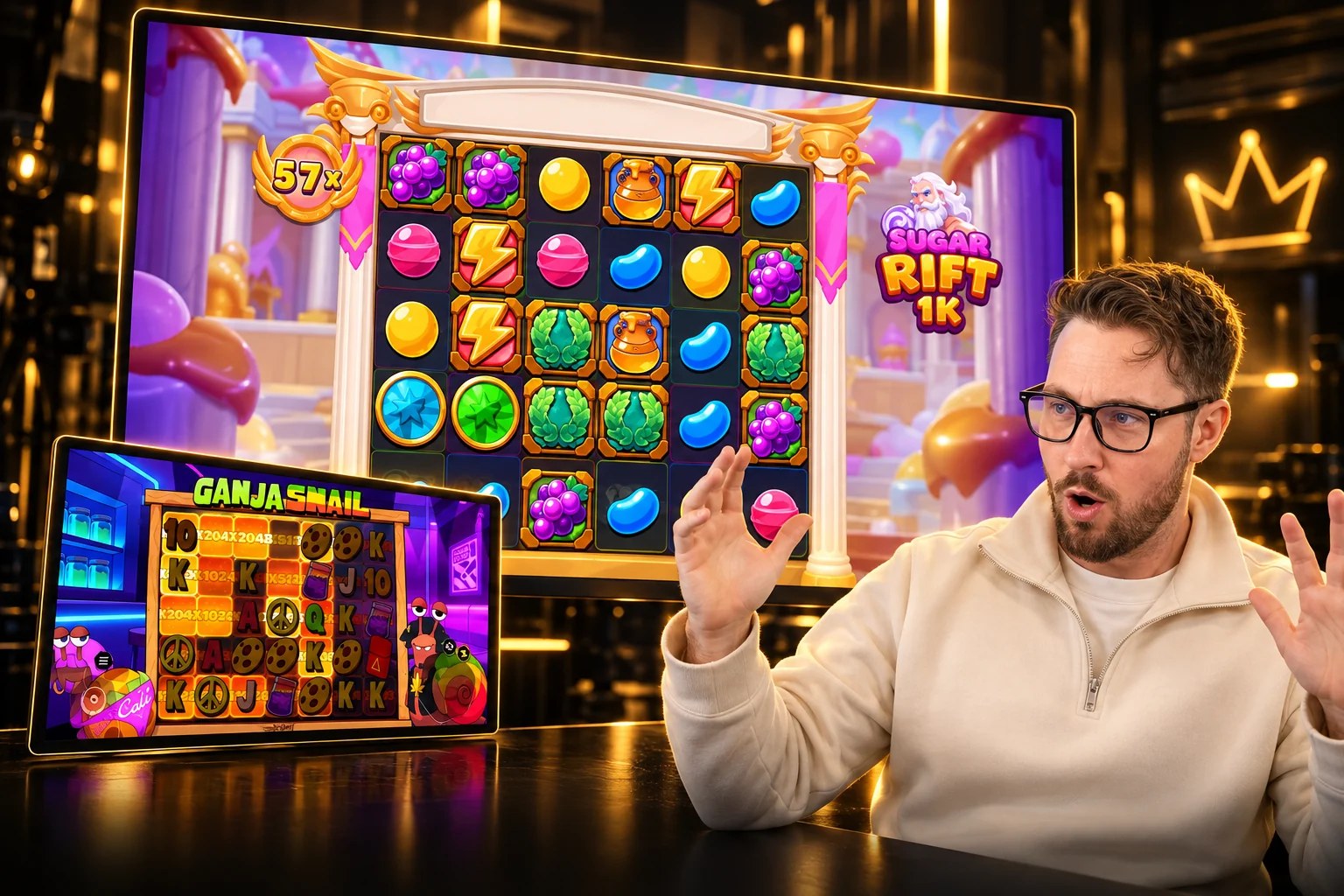 ProphetGG launch showcase — a slot on the big screen with a live reaction