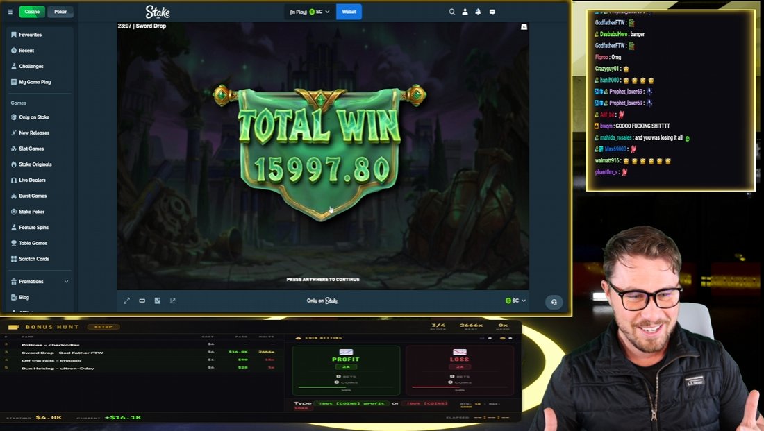ProphetGG reacting to a $15,997 total win on Sword Drop