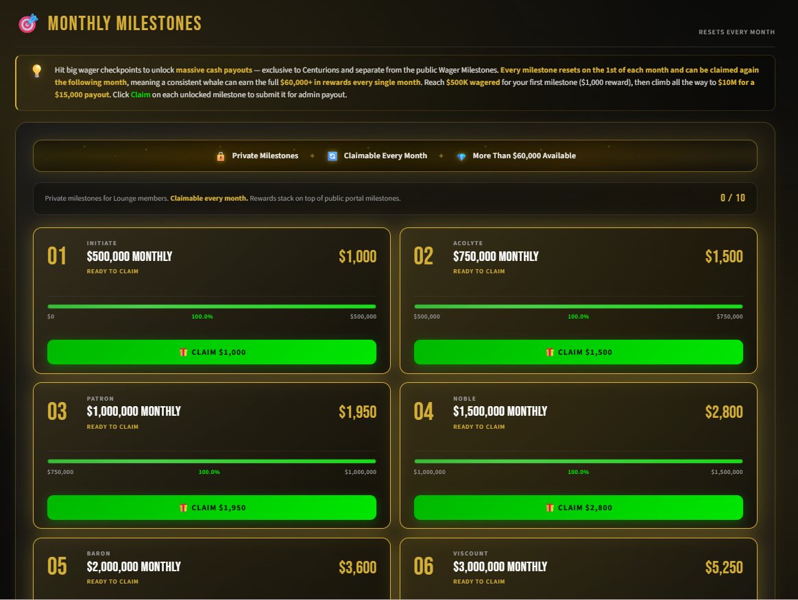 Centurion milestones interface showing tier progression with monthly cash rewards