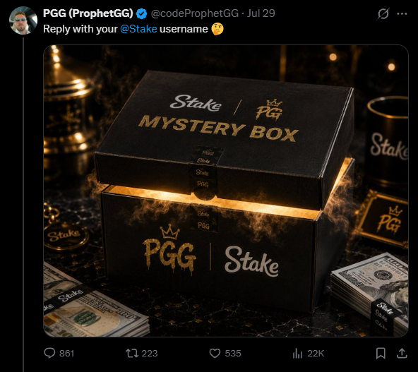 Engagement post example: a Mystery Box giveaway post asking users to reply with their Stake username