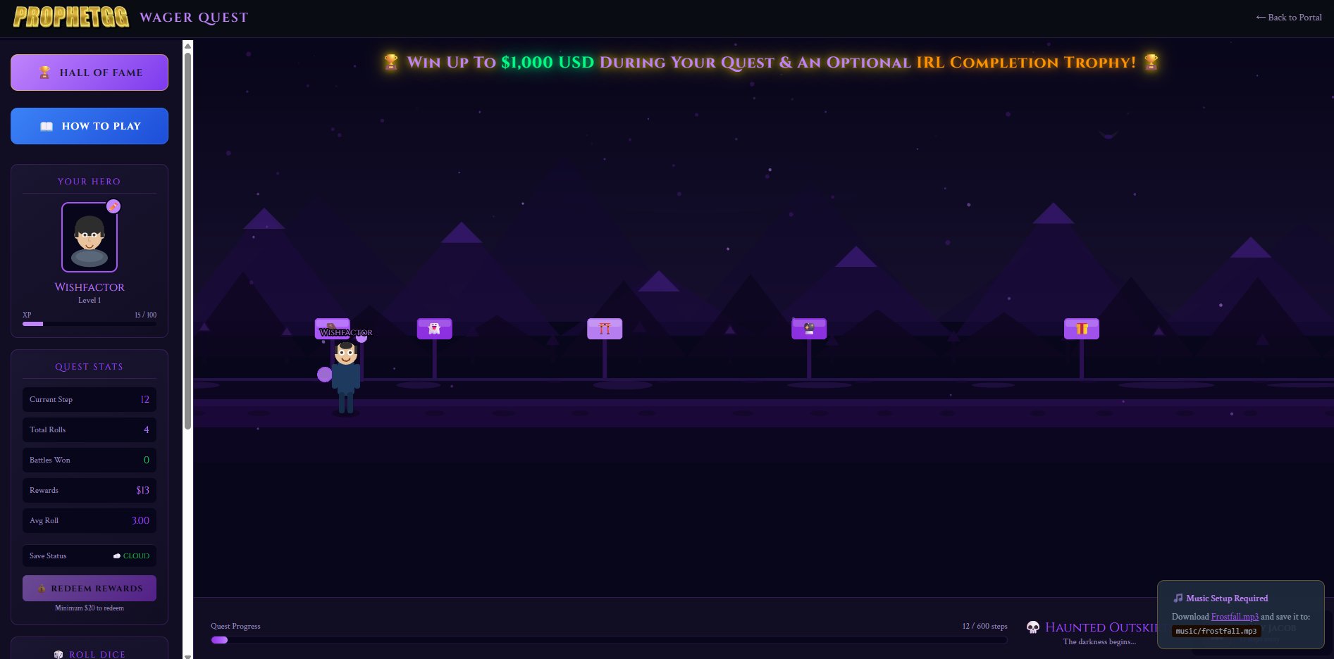 Wager Quest RPG game board with hero character on a haunted landscape