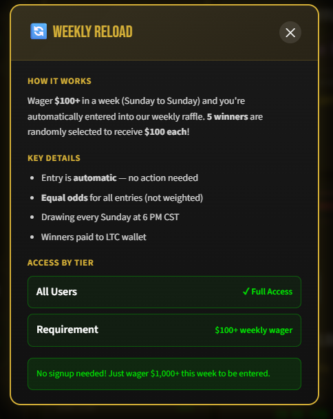 Weekly Reload details showing automatic entry, five weekly winners, and Sunday drawings